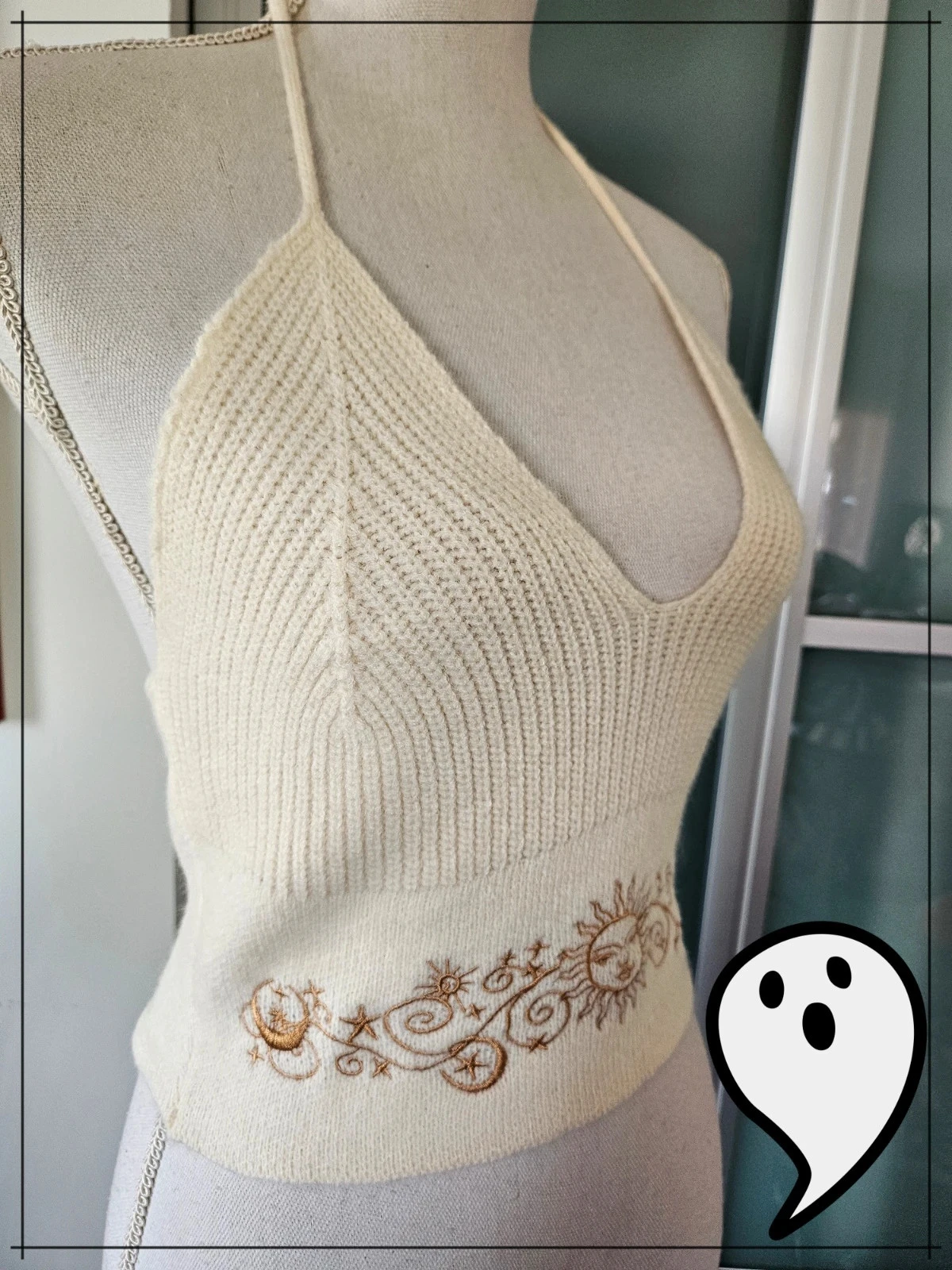 Bohemian ecru knit Y2K off-shoulder top - Size S sun embroidery – photo 2